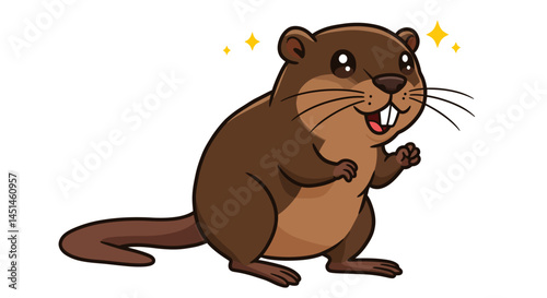 A Cheerful Vector Illustration Portrays A Cartoon Beaver With A Wide Grin Showcasing Its Prominent Buck Teeth And Expressive Eyes All Set Against A Clean White Backdrop With Sparkling Accents