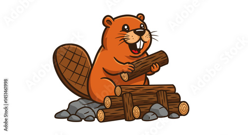 A Cheerful Cartoon Beaver With Prominent Buck Teeth Is Depicted Carrying A Log With Two Additional Logs Stacked Beside Him In A Colorful Vector Style Illustration Against White Backround