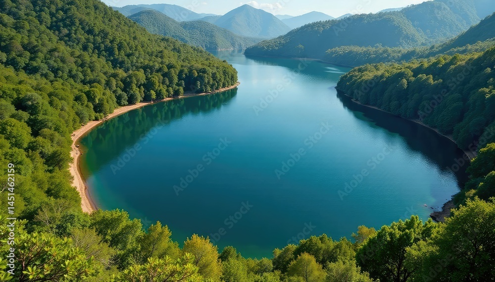 Irregularly shaped lake with winding shoreline amidst woodland , curvy, viewpoint, coastline Irregularly shaped lake with winding shoreline amidst woodland , curvy, viewpoint, coastline