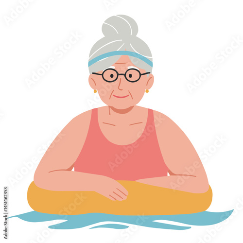 Elderly woman swimming outdoors - vibrant senior woman enjoying open water swimming with sunlight glimmering on surface, embodying active aging lifestyle.