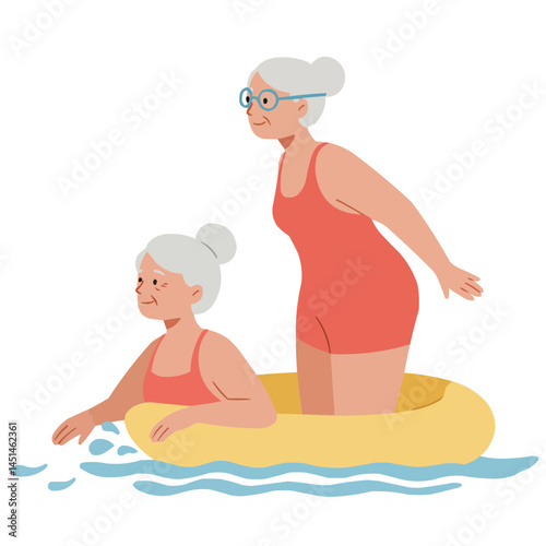 Elderly woman swimming outdoors - vibrant senior woman enjoying open water swimming with sunlight glimmering on surface, embodying active aging lifestyle.