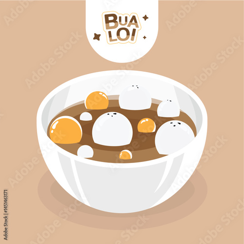 Colorful Thai dessert "Bua Loi" in coconut milk. Sweet glutinous rice balls in a creamy soup. Traditional Asian food illustration.