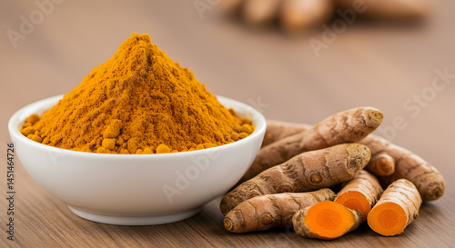 light brown turmeric powder sits on a blur background