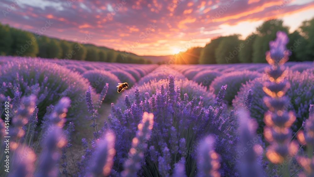 Obraz premium Bee Flying Over Lavender Field at Sunset with Colorful Sky