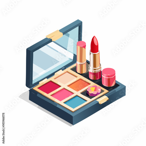Colorful Eyeshadow Palette with Mascara and Brush – Sparkly Makeup Vector Illustration

