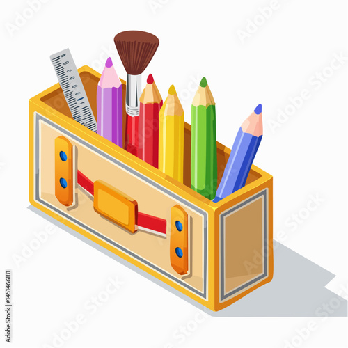 Colorful Stationery Organizer with Pencils, Rulers, and Art Supplies – Isometric Vector


