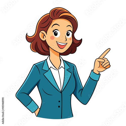 Business woman pointing finger at something. Happy face. Hand drawn style vector design illustrations. 