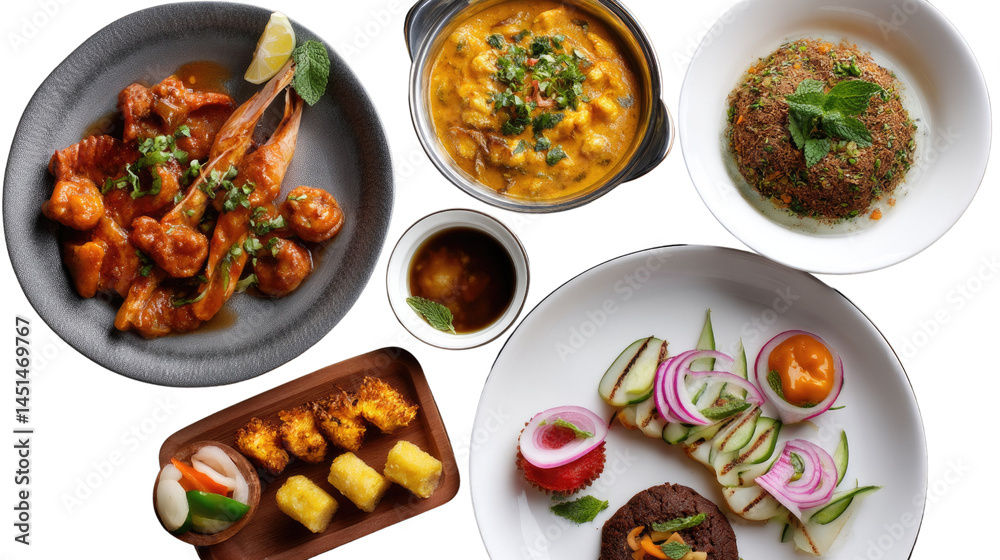 Culinary Spread: An appetizing array of meticulously arranged dishes, featuring fresh ingredients, presented with artistic flair in an overhead shot Culinary Spread: An appetizing array of meticulously arranged dishes, featuring fresh ingredients, presented with artistic flair in an overhead shot