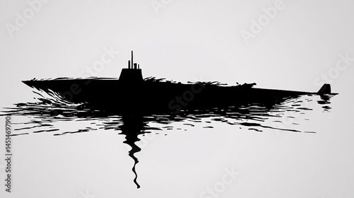 Submarine silhouette, ocean surface, calm sea, nautical illustration, military vessel