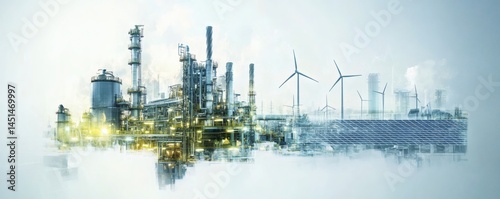 Industrial landscape combining factory and renewable energy.