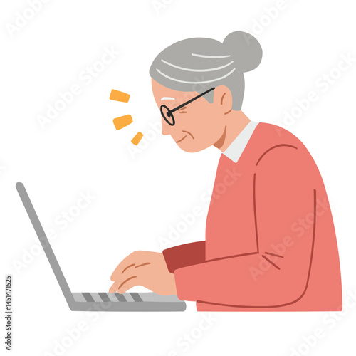 Elderly person typing on laptop - engaged senior intently working on laptop, warm lamp light creating cozy atmosphere of modern active aging.