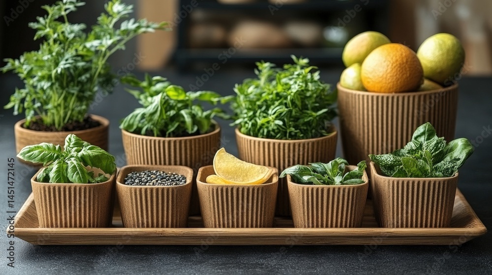 Fresh herbs and citrus fruits arranged in rustic pots on a wooden tray in a kitchen setting Fresh herbs and citrus fruits arranged in rustic pots on a wooden tray in a kitchen setting