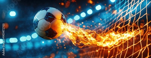 The soccer ball flies into the goal, leaving behind a trail of flames. The background is an illuminated stadium with blue and white lights.