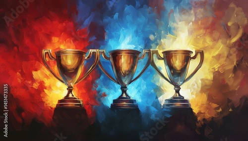Three beautiful, shiny metal championship trophies stand on an abstract background of swirling colors and shapes