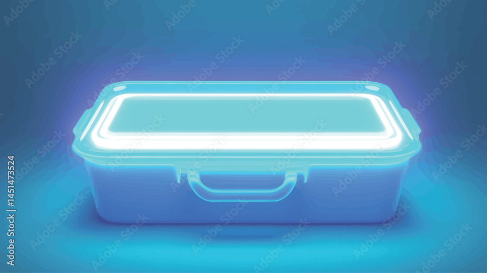 A digitally rendered 3D model of a rectangular storage container, presented on a solid, monochrome, cool blue background. The container appears to have a smooth plastic texture. A digitally rendered 3D model of a rectangular storage container, presented on a solid, monochrome, cool blue background. The container appears to have a smooth plastic texture.