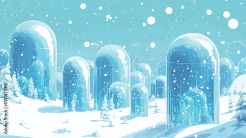 This image shows a stylized digital illustration of a winter landscape. The focal point is a cluster of large, translucent cylindrical structures that resemble ice cubes or crystals.
