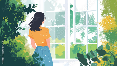 A digital illustration shows the back of a young woman, her dark hair partially covering her shoulders, standing in front of a large, bright window with lush foliage outside.