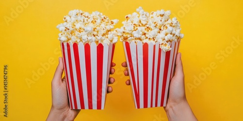Two hands holding popcorn, against a yellow background with red and white stripes,
