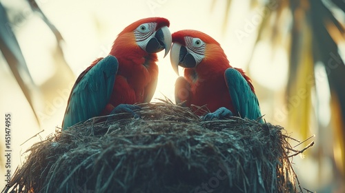 Two macaws in a nest at sunrise photo