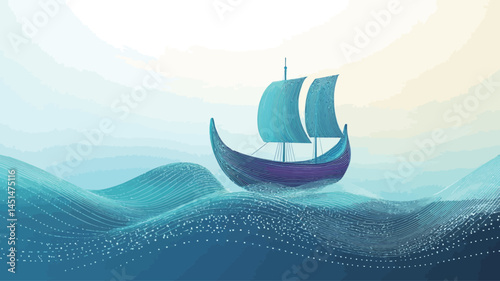 This image is an illustration of a stylized Viking longship sailing on a calm blue sea. The ship is rendered in low polygons, almost paper-like, with teal sails and a dark purple hull.