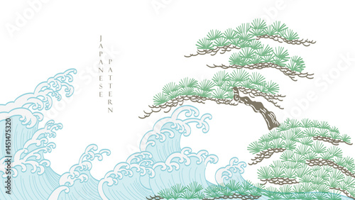 Japanese background with bonsai tree pattern vector. Cultural art template with geometric wave pattern. Natural layout design in oriental style