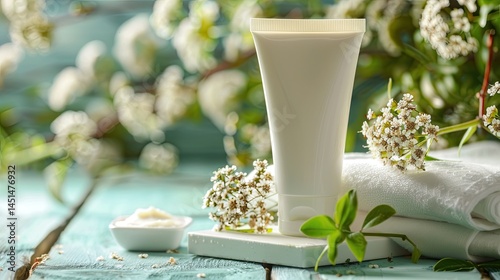 Un tube de crÃ¨me lotion blanc posÃ© sur un socle carrÃ© est un produit cosmÃ©tique vierge.