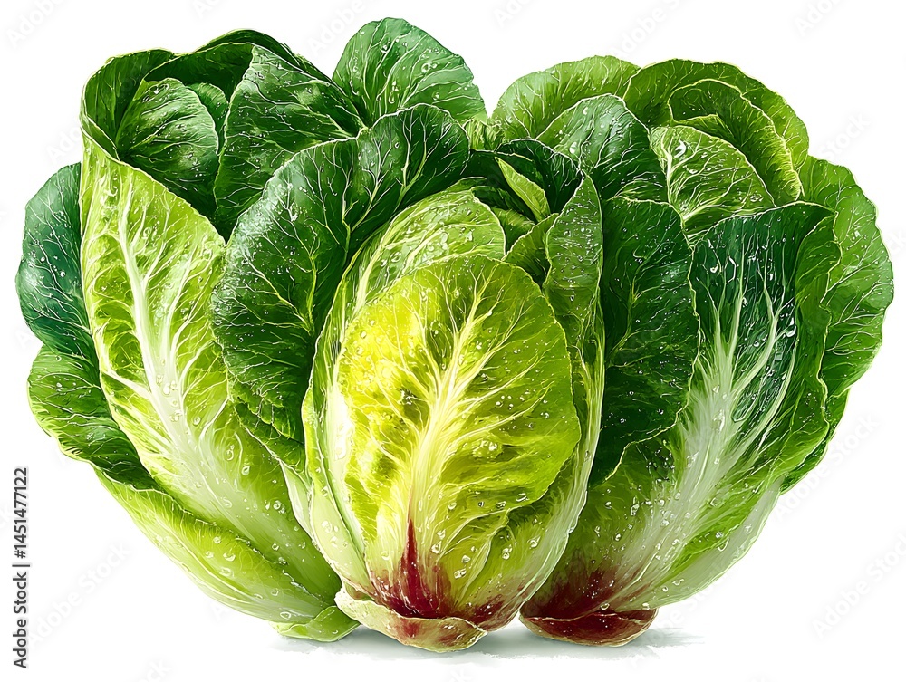 Fototapeta premium Fresh vibrant green and yellow Cos lettuce with dew drops ready for salad preparation or market display.