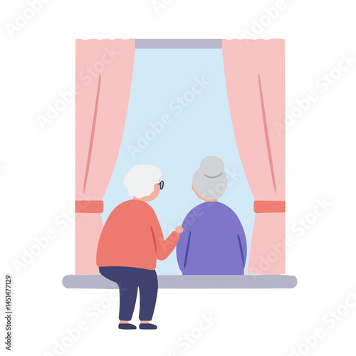 Elderly person at window - senior citizen thoughtfully gazing at urban view, warm sunset light gently illuminating wrinkled face, atmosphere of quiet nostalgia.
