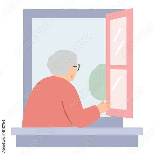 Elderly person at window - senior citizen thoughtfully gazing at urban view, warm sunset light gently illuminating wrinkled face, atmosphere of quiet nostalgia.