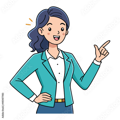 Business woman pointing finger at something. Happy face. Hand drawn style vector design illustrations. 