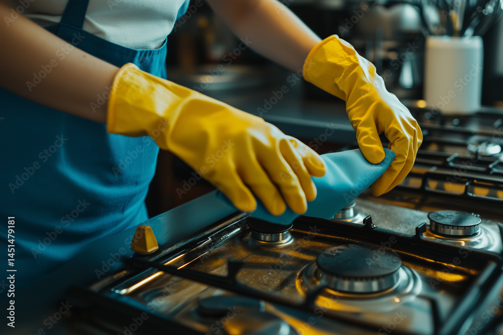 Young woman cleaning kitchen stove with gloves