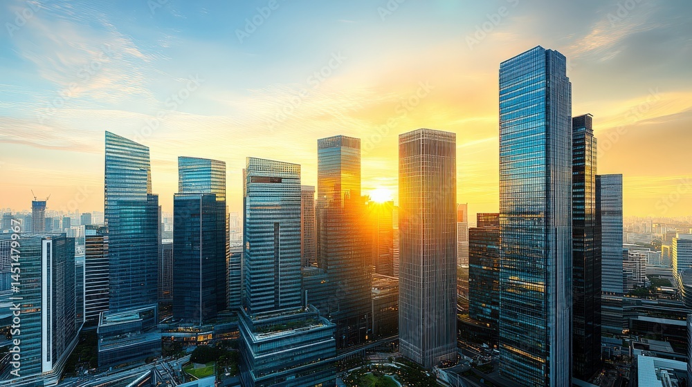 Fototapeta premium Modern urban skyline at sunrise with reflective glass towers and warm golden hues