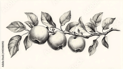 Hand-drawn vector illustration of an apple branch with leaves and apples, a set collection on a white background, in a vintage style, with a pencil drawing and line art