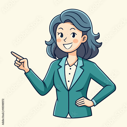 Business woman pointing finger at something. Happy face. Hand drawn style vector design illustrations. 