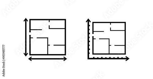 Minimalist Real Estate Floorplan Icons – Black Line Apartment Layout Symbols with Dimension Arrows and Grid Rulers – Vector Illustration for Architecture or Interior Design