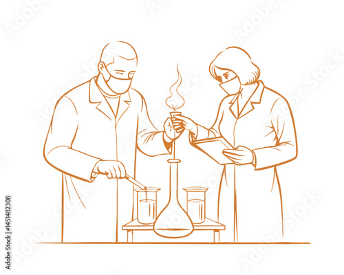 Vector of scientists or workers testing chemical liquids in an industrial lab, isolated on white background.
