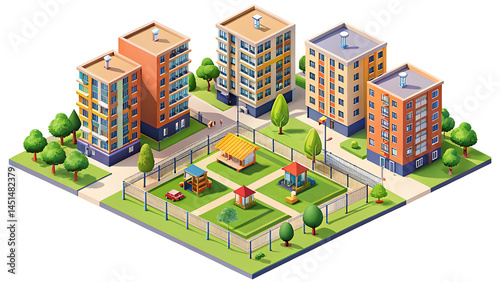 Vector illustration of residential buildings with playground for urban planning and design