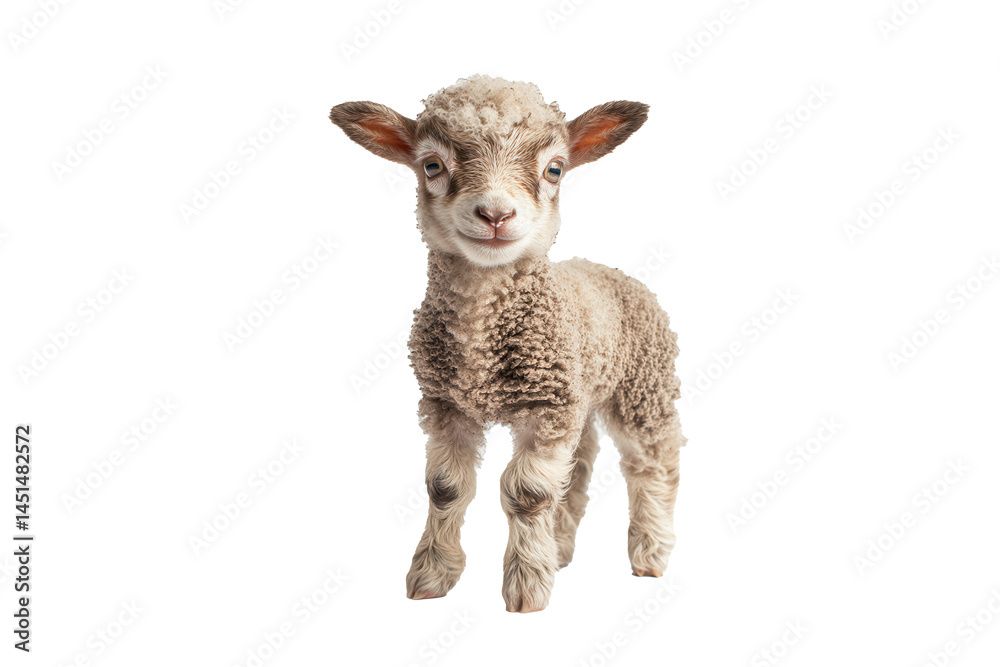 Obraz premium Young lamb stands on a light background showcasing its fluffy coat and playful demeanor, indoors, in a calm setting