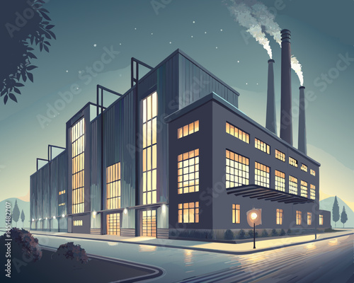 Vector of a modern factory with lights on during nighttime, isolated on white background.
