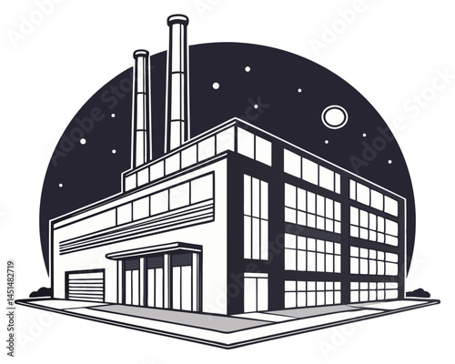 Vector of a modern factory with lights on during nighttime, isolated on white background.
