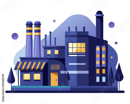 Vector of a modern factory with lights on during nighttime, isolated on white background.
