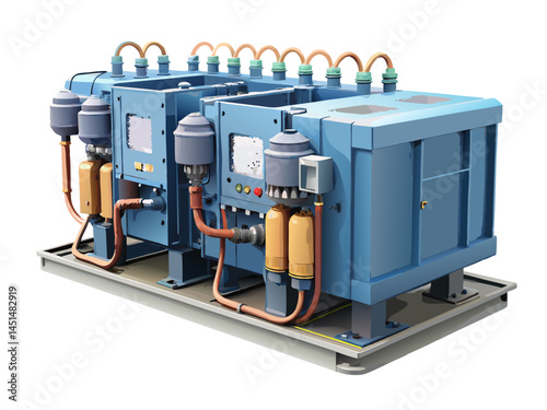 Vector of a large power generator with connected cables and battery units, isolated on white background.
