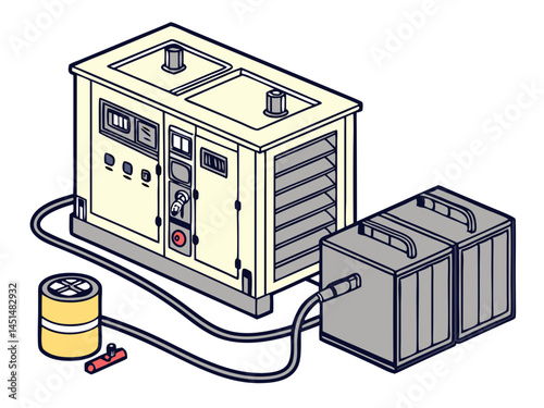 Vector of a large power generator with connected cables and battery units, isolated on white background.
