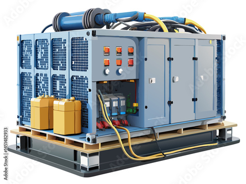 Vector of a large power generator with connected cables and battery units, isolated on white background.
