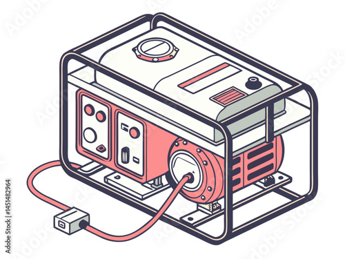 Vector of a large power generator with connected cables and battery units, isolated on white background.
