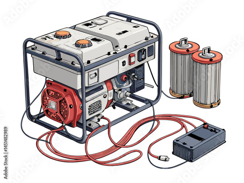 Vector of a large power generator with connected cables and battery units, isolated on white background.
