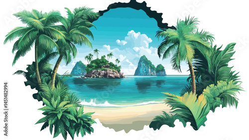 A digitally rendered illustration depicts a scene of a tropical island paradise. The image is framed within an irregular, jagged hole, suggesting a window or entrance to this idyllic land.