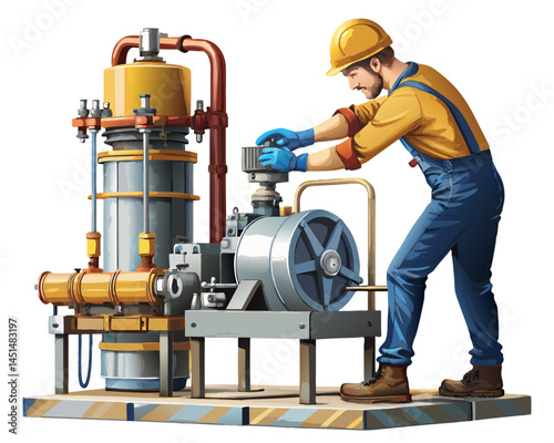 Vector of a worker performing maintenance on industrial equipment, isolated on white background.
