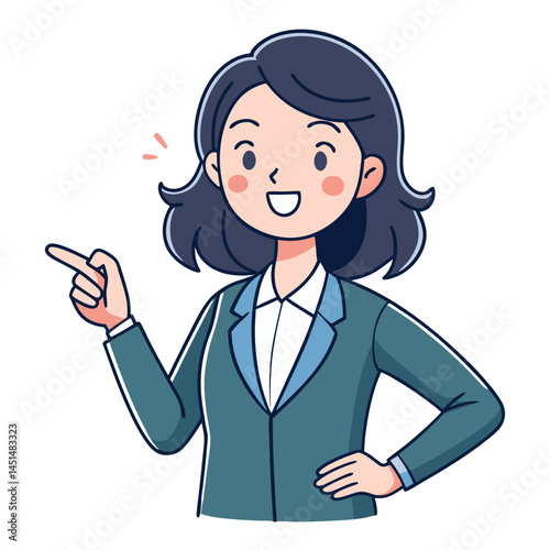 Business woman pointing finger at something. Happy face. Hand drawn style vector design illustrations. 