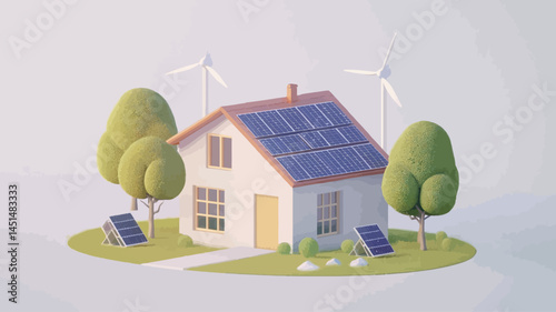 A digital 3D rendering depicts a stylized miniature white house sitting on a small circular patch of bright green grass.